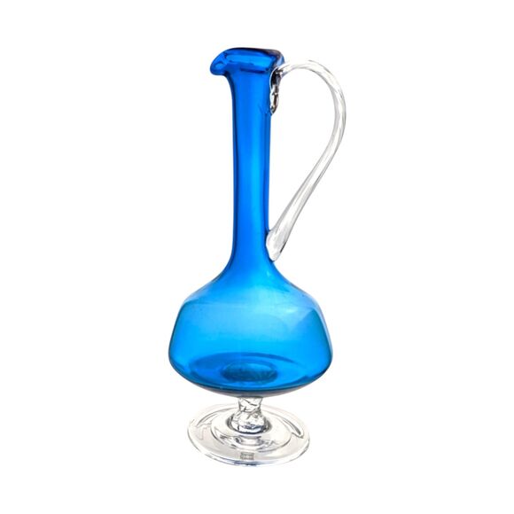 Vintage Mid-Century Modern Blue Glass Decanter: 11-Inch Hand Blown Art Glass - Picture 6 of 8